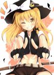  belt black_gloves blonde_hair blush bow braid double_v fingerless_gloves gloves grin hat hat_bow kirisame_marisa long_hair madara midriff navel smile smiley solo touhou v wink yellow_eyes 