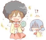  2girls afro aioi_yuuko bad_id blue_hair blush_stickers brown_hair daitirumoesu hair_cubes hair_ornament hand_mirror laughing log long_sleeves mirror multiple_girls naganohara_mio nichijou open_mouth school_uniform shaded_face short_hair short_twintails skirt sweatdrop tears twintails white_background wig 