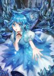 absurdres blue_eyes blue_hair bow cirno dress hair_bow highres ice ice_wings kami2011 outstretched_hand short_hair solo touhou wings 