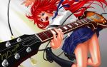  blue_eyes breasts earrings electric_guitar fenrir_(fenlil0316) fenrir_(pixiv202462) footwear guitar instrument jewelry jumping left-handed long_hair open_mouth original playing_instrument pleated_skirt plectrum red_hair redhead shirt skirt socks taut_shirt 