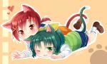  animal_ears blush cat_ears cat_tail gleision_adain green_eyes green_hair hino_akane kemonomimi_mode midorikawa_nao multiple_girls ponytail precure red_eyes red_hair redhead school_uniform sepia_background short_hair sleeves_rolled_up smile_precure! sweater_vest tail wink 