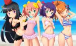  ageha_(sister_quest) bikini black_hair breasts butterfly butterfly_hair_ornament casual_one-piece_swimsuit chiffon_(sister_quest) cleavage green_eyes hair_ornament hat highres long_hair multiple_girls one-piece_swimsuit orange_hair purple_eyes purple_hair red_hair redhead sarong short_hair sister_quest sister_quest_iii stella_(sister_quest) swimsuit takappe tateha_(sister_quest) twintails violet_eyes 