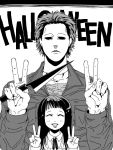  1girl black_hair closed_eyes double_v empty_eyes expressionless eyes_closed fullmonty halloween_(film) height_difference knife long_hair michael_myers monochrome smile title_drop v 