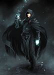  black_hair boots cape glowing glowing_eyes highres hood jace_beleren magic:_the_gathering male short_hair solo 