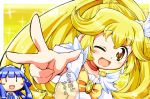  :d ;d aoki_reika blonde_hair blue_hair blush_stickers choker cure_beauty cure_peace herada_mitsuru kise_yayoi long_hair magical_girl multiple_girls open_mouth precure smile smile_precure! translated translation_request v wink yellow_eyes |_| 