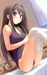  absurdres ayase_sayuki bare_shoulders black_hair blue_eyes blurry blush breasts cleavage depth_of_field dutch_angle hair_intakes highres kantoku long_hair looking_at_viewer school_swimsuit sitting smile solo swimsuit thigh-highs thighhighs white_legwear your_diary 