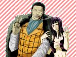  1boy 1girl arm_hug baroque_works blush breasts brown_eyes center_opening cigar couple cravat earrings formal fullmonty fur_coat height_difference jewelry midriff nico_robin one_piece purple_hair ring scar short_hair sir_crocodile smoking suit v 