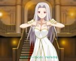  a1 breasts cleavage dress fate/zero fate_(series) female irisviel_von_einzbern jewelpet_(series) jewelpet_sunshine long_hair parody red_eyes silver_hair smile solo stairs text translated translation_request 