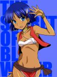  blue_hair bob_cut bracelet dark_skin earrings fujimaru_arikui fushigi_no_umi_no_nadia hair_ornament hairclip jewelry loincloth midriff nadia neck_ring necklace open_mouth short_hair tubetop vest waving 