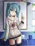  39 2011 absurdres aqua_eyes aqua_hair hatsune_miku head_tilt highres hoodie kari_kenji long_hair no_pants panties solo striped striped_panties thighhighs toothbrush twintails underwear very_long_hair vocaloid 