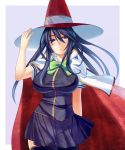  blue_eyes blue_hair border bow breasts cape hat kagari_ayaka large_breasts long_hair looking_at_viewer plated_skirt pleated_skirt school_uniform serious simple_background skirt solo takanashi-a taut_shirt thigh-highs thighhighs witch_craft_works witch_hat 