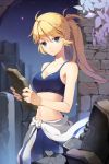 ahoge armpits bare_arms bare_shoulders blonde_hair blue_eyes breasts cleavage collarbone expressionless flower holding jacket_around_waist long_hair lowres midriff navel night odien open_mouth outdoors ponytail salt_(salty) shorts solo sports_bra star sword_girls tied_shirt water waterfall 