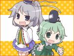  chibi dress green_dress green_hair grey_hair hat japanese_clothes kariginu mononobe_no_futo multiple_girls open_mouth short_hair soga_no_tojiko touhou yamabuki_(yusuraume) 