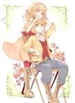  1girl belt blonde_hair blue_eyes boots chair character_request dress flower harvest_moon harvest_moon:_the_tale_of_two_towns harvest_moon_twin_villages purple_eyes violet_eyes xxxx_saki 