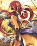  army arrow ass breasts bushin_renkei_zero character_request comet_(teamon) eyepatch female flower from_behind garters hair_flower hair_ornament japanese_clothes jewelry lips looking_back ponytail rain_of_arrows red_eyes red_hair redhead ring sideboob sword tower weapon xiahou_dun 