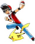  1boy hat lowres male official_art pika_(ps) pikachu poke_ball pokemon pokemon_(creature) pokemon_special red_(pokemon) transparent_background 