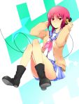  boots cardigan haitei headphones iwasawa open_cardigan red_eyes red_hair redhead school_uniform serafuku short_hair 