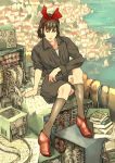  adult arm_support black_eyes blueprint book bow brown_hair cable city cityscape expressionless hair_bow highres kiki long_sleeves loogy looking_at_viewer majo_no_takkyuubin ocean short_hair sitting sleeves_pushed_up solo studio_ghibli town water 