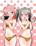  2girls alternate_costume black_hair blush breasts cleavage cosplay eating flying_sweatdrops highres holding horns long_hair love_live!_school_idol_project lum lum_(cosplay) makizushi multiple_girls navel nishikino_maki open_mouth red_eyes redhead setsubun short_hair sushi sweat tiger_stripes twintails urusei_yatsura violet_eyes yazawa_nico yokoshima_(euphoria) 