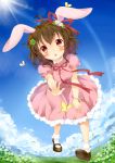  animal_ears bobby_socks bracelet brown_hair bunny_ears butterfly dress hair_ribbon inaba_tewi jewelry mary_janes red_eyes ribbon shoes short_hair socks solo touhou wataame27 