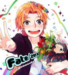  black_hair blue_eyes bouquet caster_(fate/zero) character_name chibi confetti fate/zero fate_(series) flower grey_hair head_wreath iharanosuke logo male miniboy multiple_boys orange_hair title_drop uryuu_ryuunosuke v 