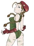  ahoge ass bare_shoulders beret blue_eyes braid brown_hair cammy_white fingerless_gloves fingernails gloves hat kusada leotard long_fingernails looking_back nail scar simple_background sleeveless solo street_fighter tattoo twin_braids twintails white_background 