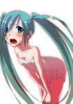  aqua_eyes aqua_hair bare_shoulders hatsune_miku hijiri-ssh leaning_forward long_hair looking_at_viewer open_mouth simple_background solo towel twintails very_long_hair vocaloid 