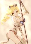  animal_print armor bikini_armor blonde_hair breasts cleavage cosplay drill_hair earrings elina elina_(cosplay) gauntlets jewelry loincloth looking_at_viewer mahou_shoujo_madoka_magica mizuhashi_kaori necklace polearm queen&#039;s_blade queen's_blade seiyuu_connection sideboob solo tiara tomoe_mami twin_drills twintails weapon yellow_eyes yoshinogai 