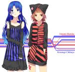  alternate_costume amami_haruka bare_shoulders blue_eyes blue_hair bracelet brown_eyes brown_hair detached_sleeves dress facial_tattoo hands_in_pockets hat heart idolmaster jewelry kisaragi_chihaya long_hair multicolored_hair multiple_girls ponekusan ring short_hair tattoo two-tone_hair 