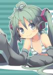  blush bra detached_sleeves flat_chest green_eyes green_hair hatsune_miku headphones kuro_(kuroneko_no_kanzume) lingerie looking_at_viewer lying on_stomach smile solo striped striped_bra underwear vocaloid 