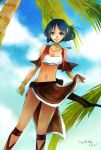  blue_eyes blue_hair bob_cut bracelet cross-laced_sandals dutch_angle fushigi_no_umi_no_nadia hair_ornament hairclip jewelry loincloth midriff nadia neck_ring necklace palm_tree short_hair skirt skirt_lift smile tan tree tubetop vest wind yumeru_pesuko 