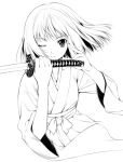  greyscale japanese_clothes keg looking_at_viewer monochrome original short_hair simple_background solo sword weapon white_background wink 