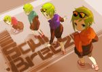  4girls bike_shorts blue_eyes from_above green_hair gumi hands_in_pockets hoodie jacket looking_back multiple_girls sitting sunglasses sunglasses_on_head tomioka_jirou vocaloid 