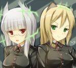  animal_ears antennae blonde_hair blush bust glasses green_eyes heidimarie_w_schnaufer heinrike_prinzessin_zu_sayn-wittgenstein kuragari military military_uniform multiple_girls open_mouth red_eyes smile strike_witches uniform white_hair 