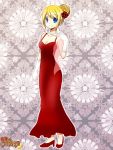  blonde_hair blue_eyes breasts cleavage dress flower gloves hair_flower hair_net hair_ornament high_heels jewelry mochizuki_mina mugen_no_fantasia necklace red_dress red_rose rose shoes short_hair smile solo white_gloves 