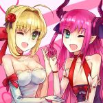  blonde_hair blue_eyes breasts dress elbow_gloves fate/extra_ccc fate_(series) flower gloves green_eyes hair_flower hair_intakes hair_ornament izumi_minato lancer_(fate/extra_ccc) long_hair pink_hair pointy_ears saber_extra two_side_up wink 