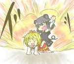  &gt;_&lt; ad all_fours animal_ears arm_up blonde_hair bottle chibi explosion fang mouse_ears mouse_tail multiple_girls nazrin niishiki_kajuu no_nose old_spice open_mouth parody riding silver_hair tail toramaru_shou touhou yellow_eyes 