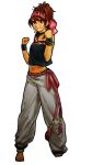  anklet baggy_pants bandeau bangle bare_shoulders barefoot belt bracelet brown_eyes brown_hair choker clenched_hands earrings hair_ribbon hair_up headband highres hiroaki_(kof) jewelry king_of_fighters king_of_fighters_xi midriff momoko navel official_art ribbon snk solo wristband 