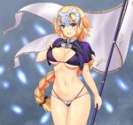  1girl armor bikini bikini_armor blonde_hair blue_eyes braid breasts capelet chains cowboy_shot fate/apocrypha fate/grand_order fate_(series) flag grey_background headpiece highres jeanne_d&#039;arc_(fate) jeanne_d&#039;arc_(fate)_(all) large_breasts long_braid long_hair looking_at_viewer mint_(cerbi) open_mouth purple_bikini single_braid solo standing swimsuit violet_eyes 