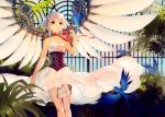  1girl bird bob_cut clover_(manga) dress green_eyes linghetuen mechanical_wings short_hair solo suu_(clover) white_dress white_hair wings 