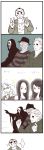  3girls 4boys 4koma a_nightmare_on_elm_street blush clenched_hands comic double_v empty_eyes freddy_krueger friday_the_13th fullmonty gaijin_4koma ghostface glasses halloween_(film) hat highres hockey_mask jason_voorhees long_hair long_image mask michael_myers monochrome multiple_boys multiple_girls parody scar scream_(movie) silent_comic sparkle spot_color striped tall_image translated translation_request v 