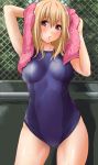  brown_eyes chainlink_fence competition_swimsuit highres long_hair looking_at_viewer one-piece_swimsuit open_mouth original solo swimsuit tanabota_(tarusim) towel 
