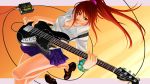  bangle barefoot bass_guitar bracelet breasts cable cleavage fender fenrir_(fenlil0316) fenrir_(pixiv202462) green_eyes instrument jewelry long_hair mouth_hold original playing_instrument pleated_skirt plectrum ponytail red_hair redhead scrunchie shirt shoes_removed skirt solo 