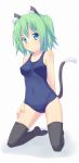  akishisu_(air_balance) animal_ears cat_ears cat_tail green_hair kneeling original school_swimsuit short_hair solo swimsuit tail thigh-highs thighhighs 
