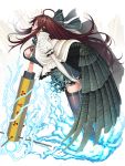  1girl ahoge alternate_wings arm_cannon black_legwear breasts brown_hair cape cleavage elbow_gloves electricity embellished_costume gloves hair_ribbon long_hair looking_up mechanical_wings ogino_(oginogino) profile reiuji_utsuho ribbon skirt thigh-highs torn_clothes touhou weapon wings 