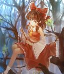  ascot bare_legs bare_shoulders bare_tree bow brown_eyes brown_hair detached_sleeves footwear gohei hair_bow hair_tubes hakurei_reimu highres in_tree light_smile long_hair looking_at_viewer mary_janes midriff miko nature shoes sitting sitting_in_tree socks solo touhou tree white_legwear zrero 