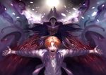  book caster_(fate/zero) fate/apocrypha fate/zero fate_(series) hallch highres jacket jeanne_d&#039;arc_(fate/apocrypha) jeanne_d'arc_(fate/apocrypha) male monster multiple_boys orange_hair outstretched_arms prelati's_spellbook purple_jacket red_eyes ruler_(fate/apocrypha) tentacle tentacles uryuu_ryuunosuke 