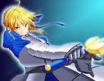  ahoge armor armored_dress blonde_hair dress excalibur fate/stay_night fate_(series) gauntlets gorito green_eyes hair_ribbon highres ribbon saber solo sword weapon 