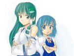  back-to-back blue_eyes blue_hair breasts cirno crossed_arms detached_sleeves dress du- frog_hair_ornament green_eyes green_hair hair_ornament hair_tubes highres japanese_clothes kochiya_sanae large_breasts long_hair miko multiple_girls short_hair snake touhou 