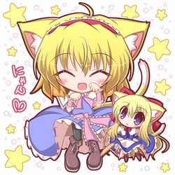  ahoge alice_margatroid animal_ears apron blonde_hair blue_dress blue_eyes blush bow capelet cat_ears cat_tail cat_teaser chibi closed_eyes dress eyes_closed hair_bow hairband kemonomimi_mode lilywhite_lilyblack long_hair matching_shanghai nyan open_mouth paw_pose sash shanghai_doll short_hair smile solo star tail touhou waist_apron wrist_cuffs wrist_ribbon 